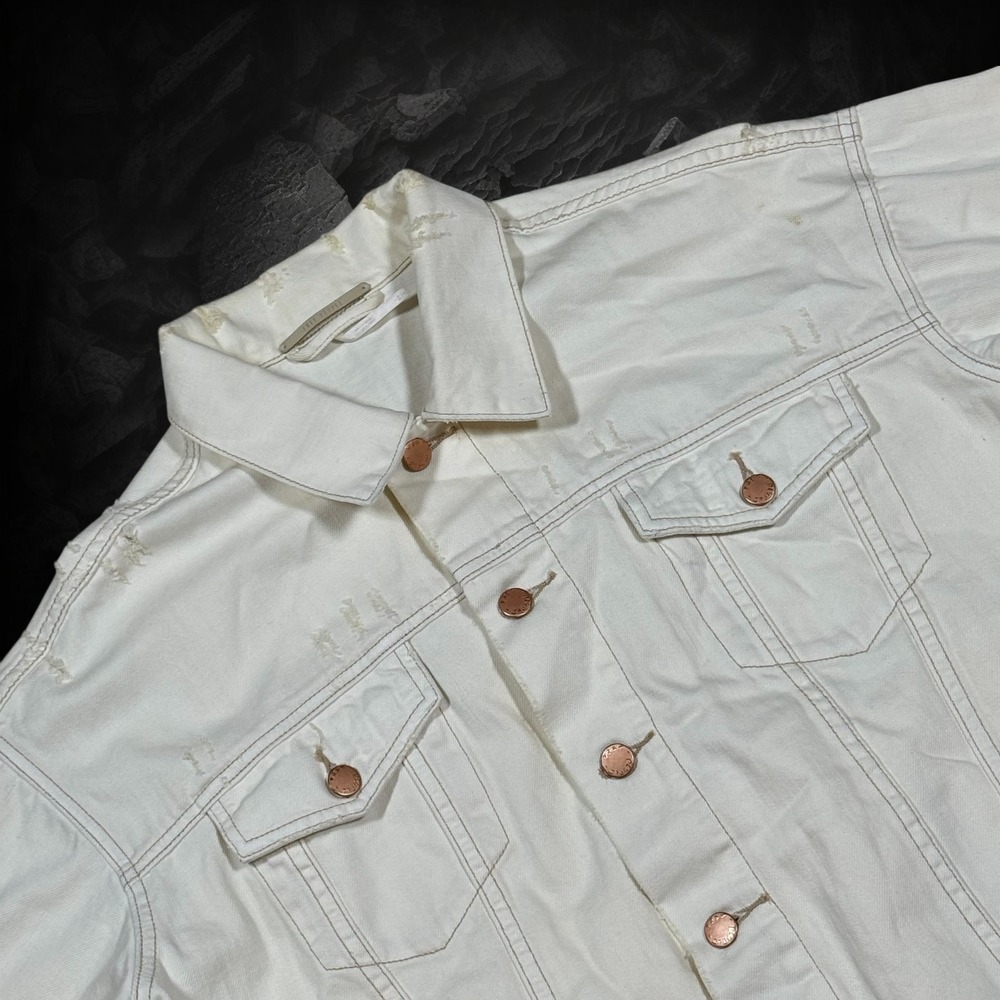 Free‎ People Distressed Denim Trucker Jacket Cream White Oversized XS OB66170